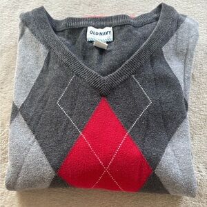 Old Navy Men's V-Neck Argyle Sweater - Charcoal and Red 100c% Cotton Size Large